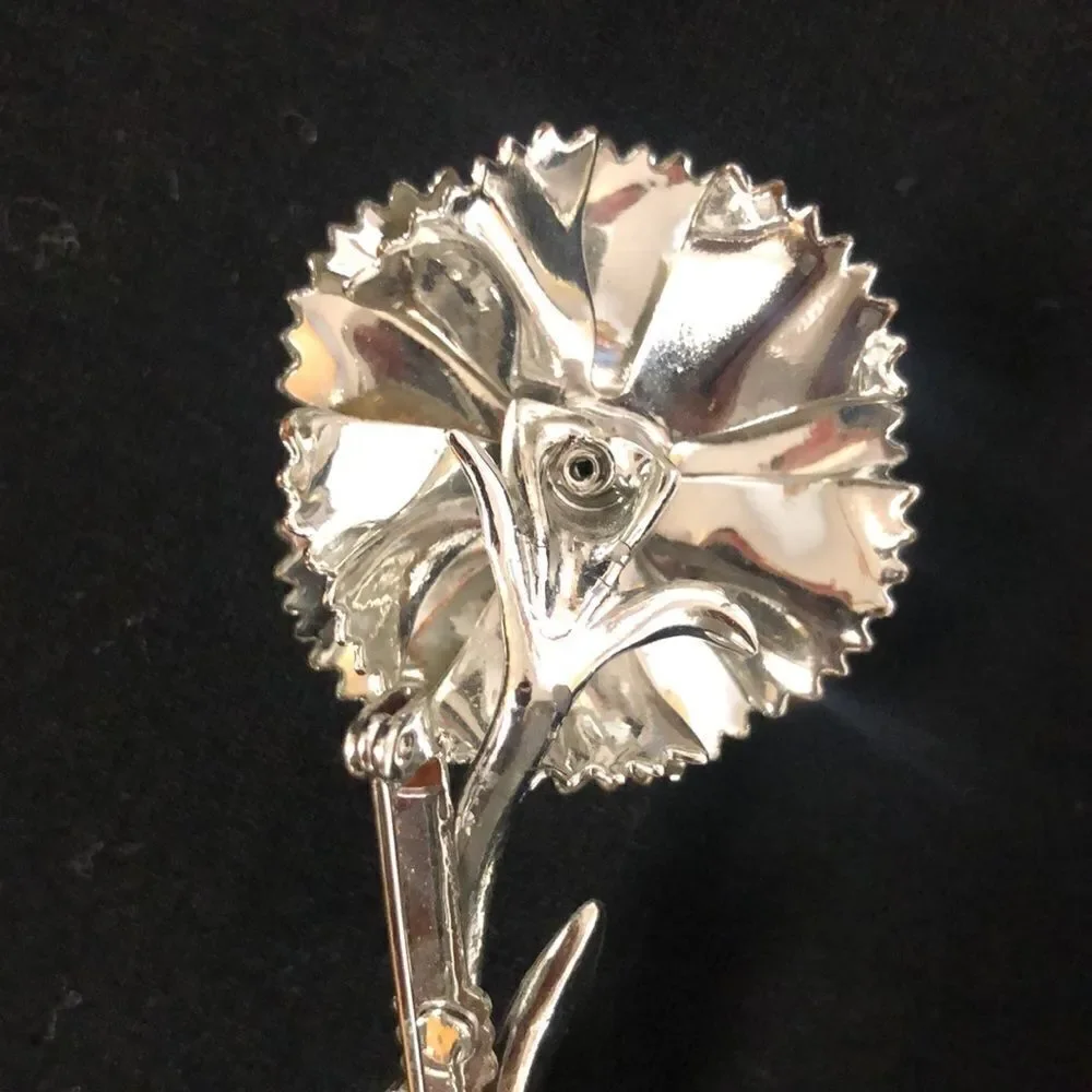 Vintage Silver Tone with Matte Color Three Rhinestones Carnation Brooch